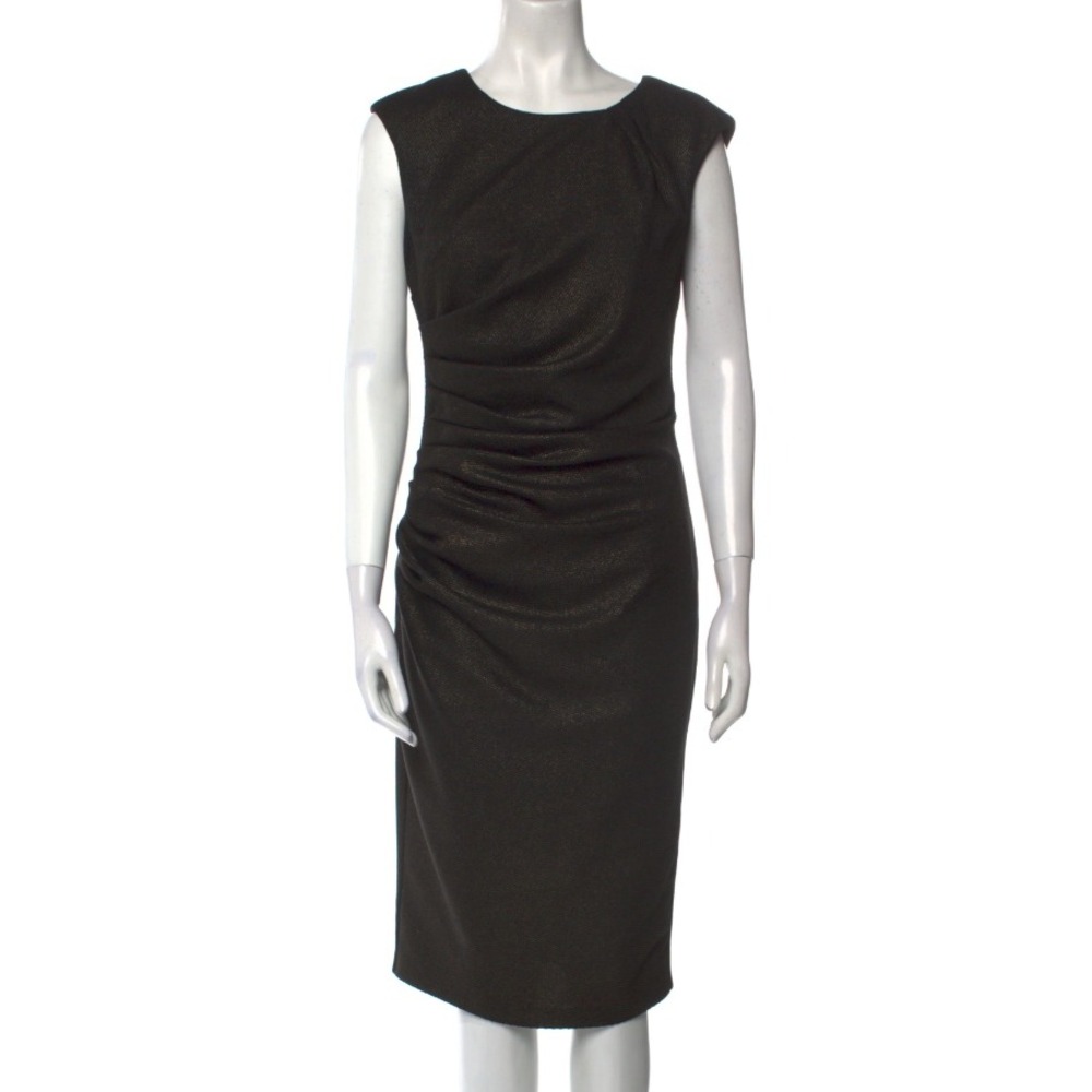 ALBERTO MAKALI Black Bateau Neck Sleeveless Ruch Midi Sheath Gold Black Dress M